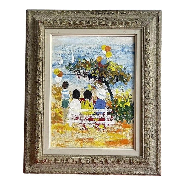 Original Oil Painting by Delon MCM Midcentury Naive Art Colorful Children For Sale