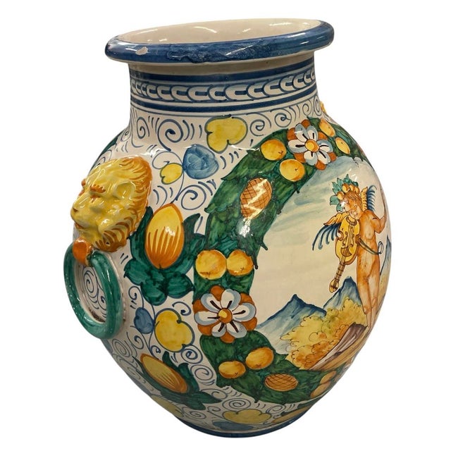 Vintage Italian Majolica Style Large Ceramic Urn Vase With Putto and Lion Head Handles For Sale In West Palm - Image 6 of 11