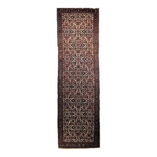 Vintage Persian Malayer Runner Rug, Hand-Knotted Wool, Geometric Pattern, 3x9, Ivory & Blue For Sale