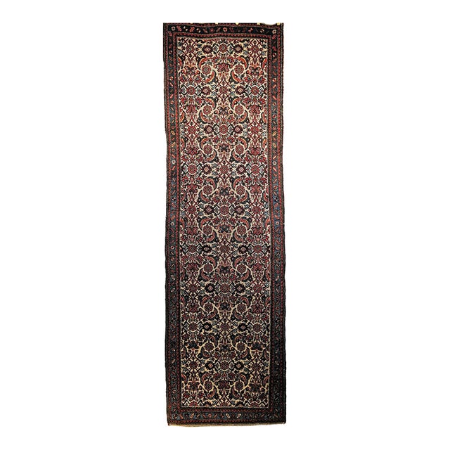 Vintage Persian Malayer Runner Rug, Hand-Knotted Wool, Geometric Pattern, 3x9, Ivory & Blue For Sale