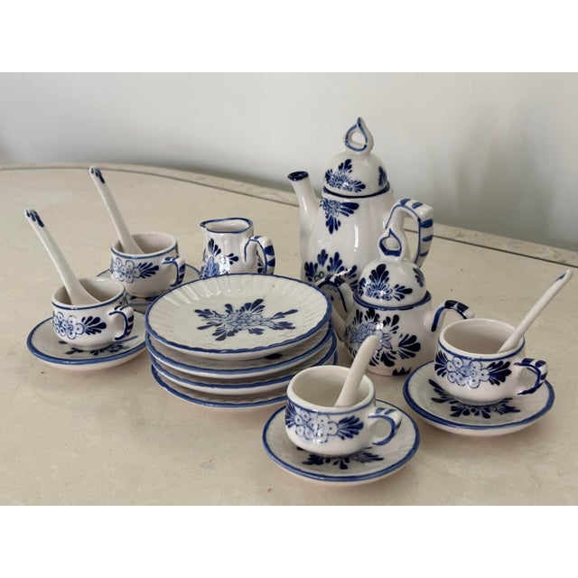 English Vintage Miniature Blue and White Porcelain Tea Set - 21 Pieces For Sale - Image 3 of 11