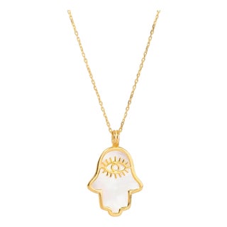 Pearl Divine Hamsa & Evil Eye Pendant Gold Vermeil Chain Necklace For Sale