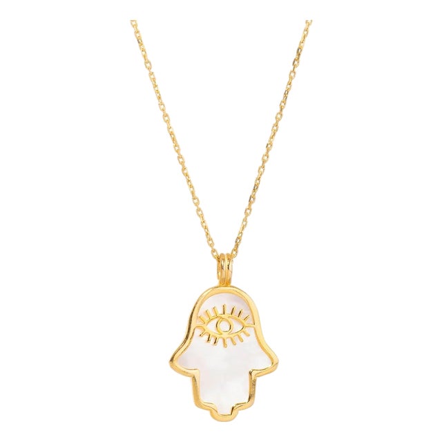 Pearl Divine Hamsa & Evil Eye Pendant Gold Vermeil Chain Necklace For Sale