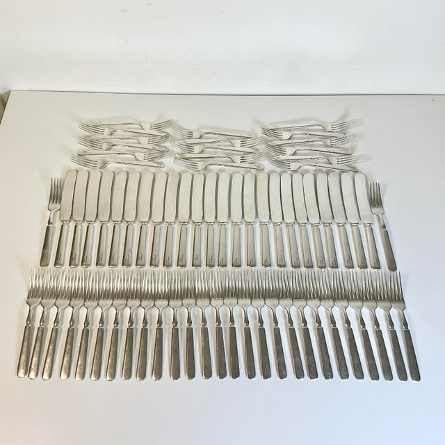 Mid 1800s Antique English Boho Chic Monogrammed Silver Plate Knives and Forks - Set of 70 For Sale - Image 9 of 17