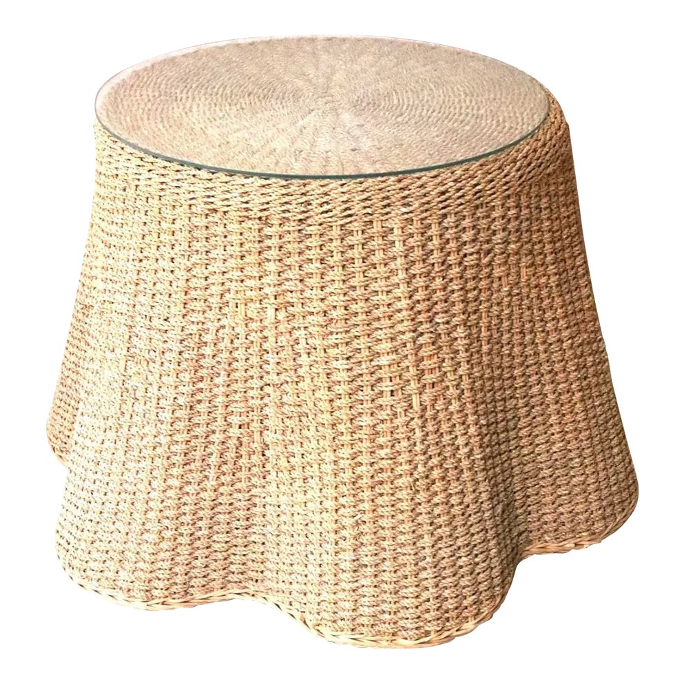 1970s Trompe L’Oeil Draped Wicker Side Table With Glass Top | Chairish