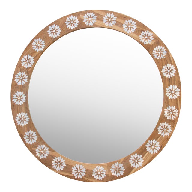 Large Teak Mother of Pearl Inlay Round Mirror For Sale