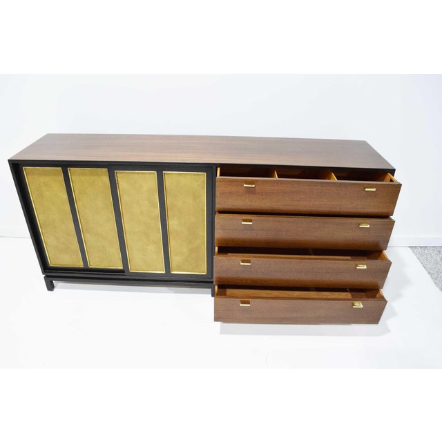 Elevate your living space with this exquisite Harvey Probber Signed Sideboard in Mahogany with Gold Trim, fully restored...