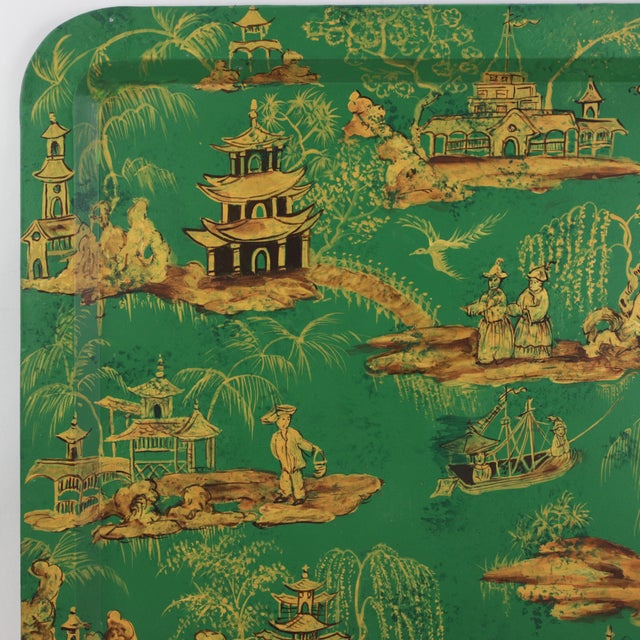 Vintage Hand Painted Chinoiserie Tole Tray Emerald Green and Gold Lacquer Rectangular Serving Tray For Sale In New York - Image 6 of 16