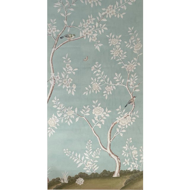 Chinoiserie Hand Painted Floral Wallpaper on Blue Tea Paper Panel 36"x72"/Panel For Sale