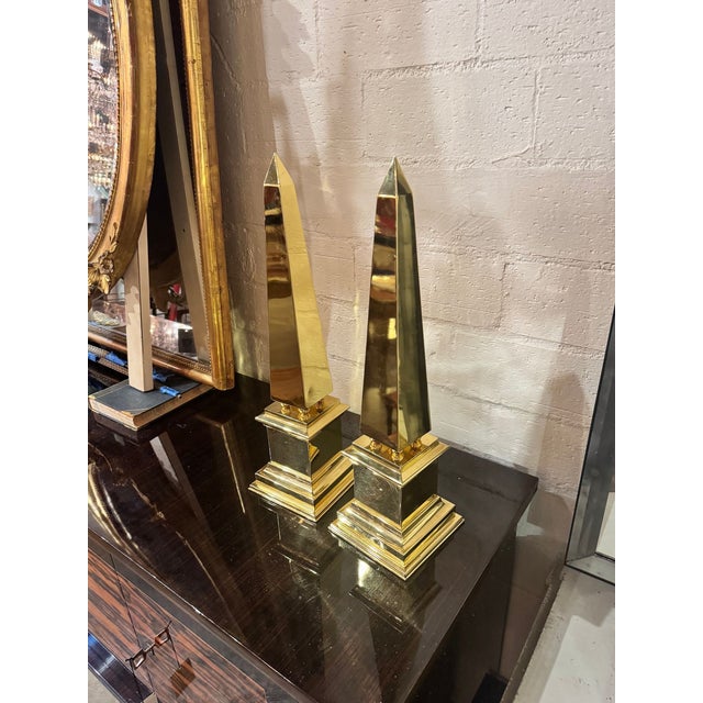 Metal Pair of Continental MCM Polished Brass Obelisks For Sale - Image 7 of 7