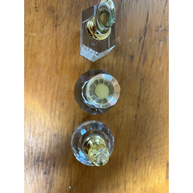 Set of 3 Vintage Cut Crystal & Gold Perfume Bottles With Cut Crystal Stoppers For Sale - Image 4 of 7