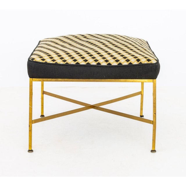 Paul McCobb for Directional Model 1306 Stool, with needlepoint upholstered seat and brass x-frame base, unmarked. 15.5" H...