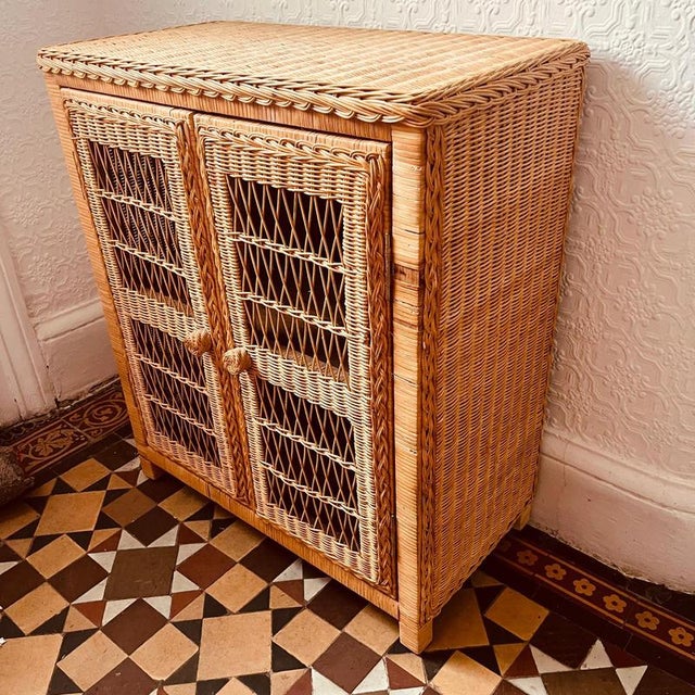 Brown Vintage Wicker Shelved 2-Door Cupboard For Sale - Image 8 of 14
