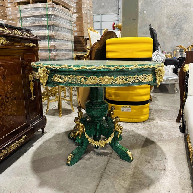 Rococo Style Green Dining Table Round Pedestal Refinished With Bronze For Sale - Image 4 of 11