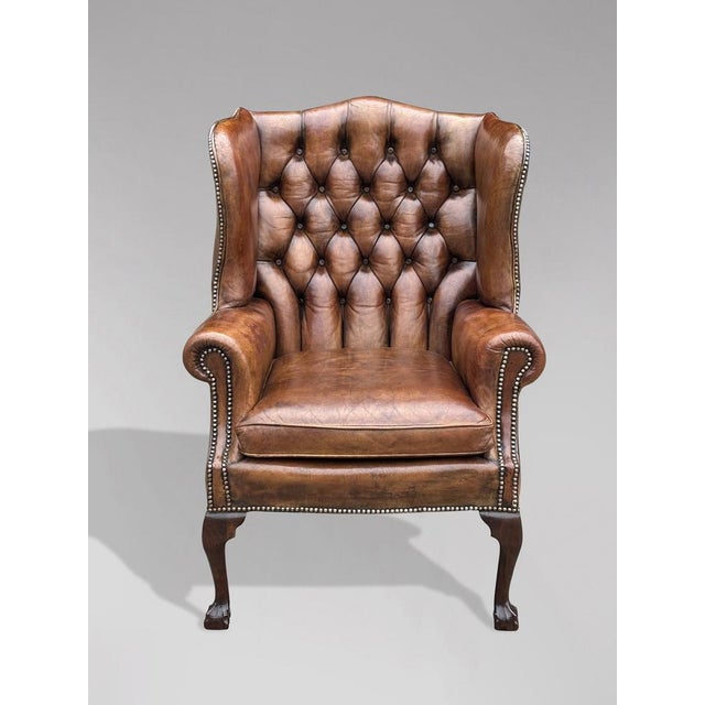 Brown Leather Button Wing Armchair, 1860s For Sale - Image 3 of 11