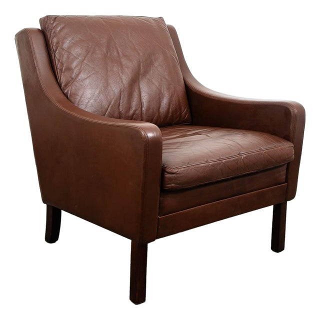 Mid Century Danish Modern Lounge Chair Brown Leather Arm Denmark MCM Armchair For Sale