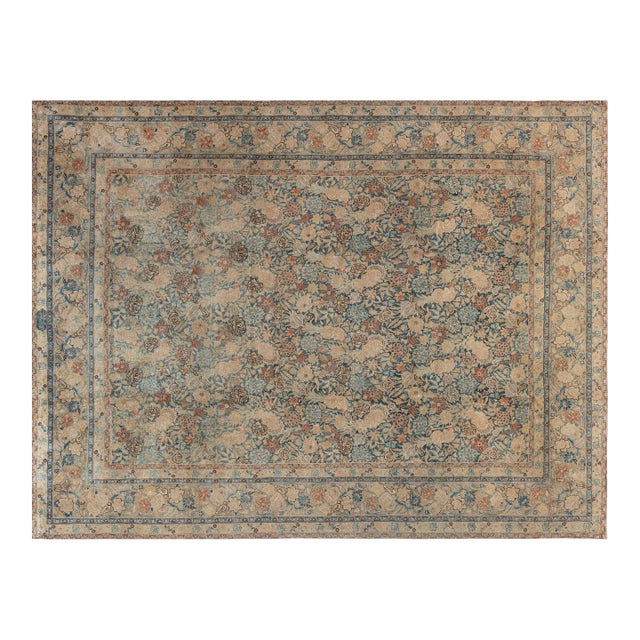 Authentic Persian Tabriz Beige Blue Handmade Wool Rug For Sale