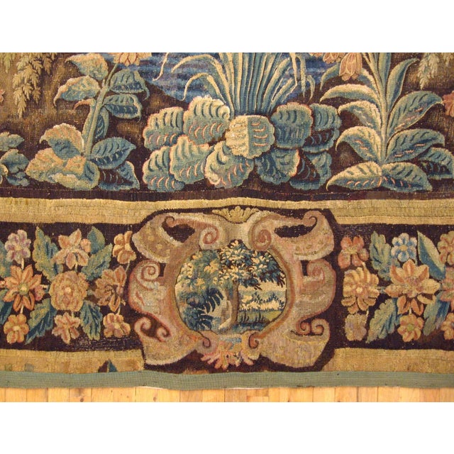 Art Deco 17th Century Flemish Verdure Lush Forest & Pendant Border Landscape Tapestry For Sale - Image 3 of 8