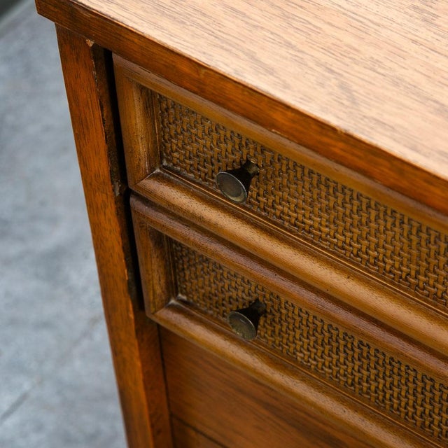 Brown Mid Century Modern Nightstands End Side Tables Cane Wood Oak Founders 2 Drawer, Pair For Sale - Image 8 of 12