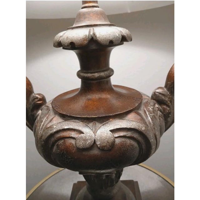 Traditional 1940s Edwardian Carved Urn Lamp Brown Bronzed Renaissance Avant-Garde W Shade For Sale - Image 3 of 14