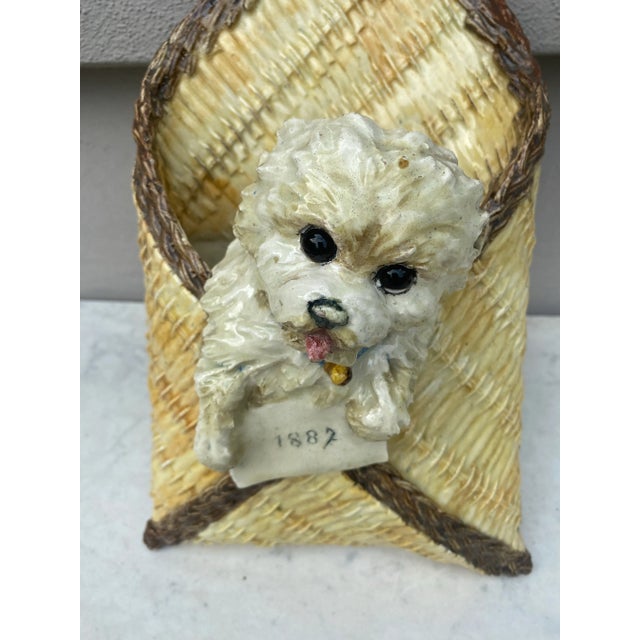 Ceramic Large Majolica Basket Bichon Dog Wall Pocket Theodore Deck Circa 1887 For Sale - Image 7 of 8