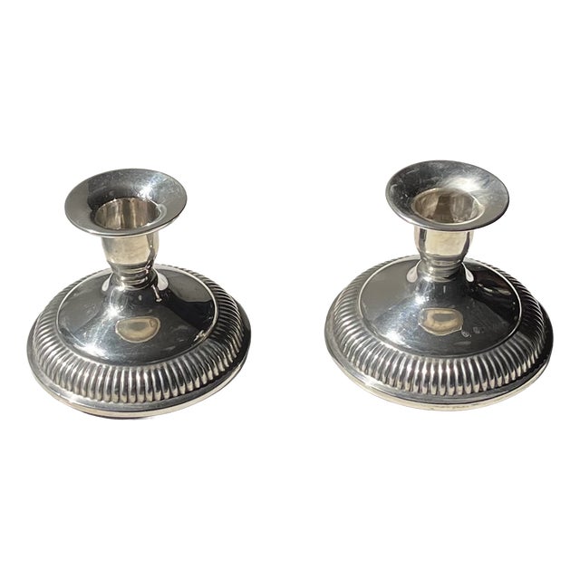 Art Deco Danish Low Silver Candleholders, 1950s, Set of 2 For Sale