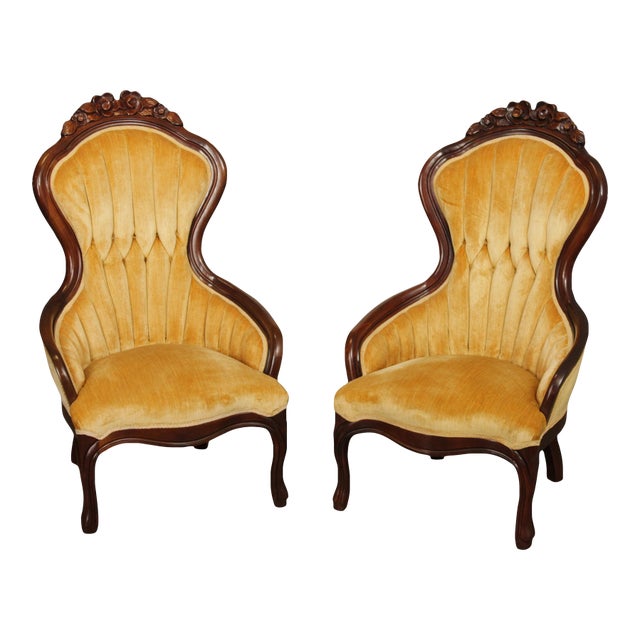 Kimball Furniture Victorian Style Pair of Carved Mahogany Parlor Chairs For Sale