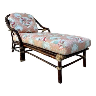 1980s Coastal Style Twisted Rattan and Leather Chaise Lounge by McGuire. For Sale