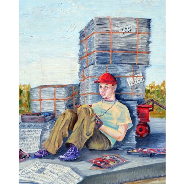 Wonderful 1940s figurative of paper boy reading the comics by Louise Miller Clark (American, 20th Century). Signed "Louise...