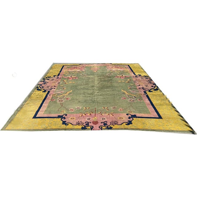 Antique Gold & Green Art Deco Chinese Rug Circa 1920 For Sale - Image 4 of 12