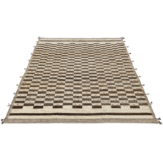 Moroccan Modern Moroccan Style Checkerboard Wool Rug in Natural Ivory and Chocolate Brown For Sale - Image 3 of 11