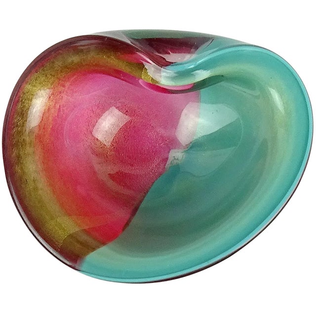 Vintage Murano Barbini Amethyst Purple Green Gold Flecks Italian Art Glass Decorative Bowl Ashtray For Sale