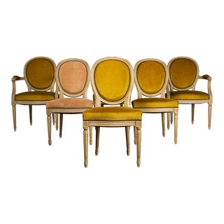 Antique French Louis XVI Style Painted Dining Chairs W/ Mustard Velvet- Set of 6 For Sale