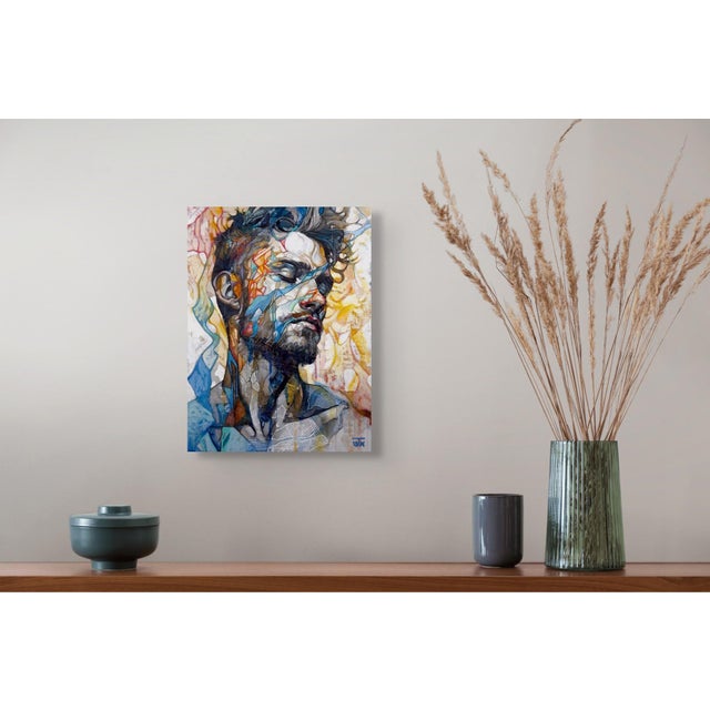 The Veil of Now by Jon Wassom | Mixed Media on Panel portrait of a man with abstract elements For Sale - Image 4 of 5