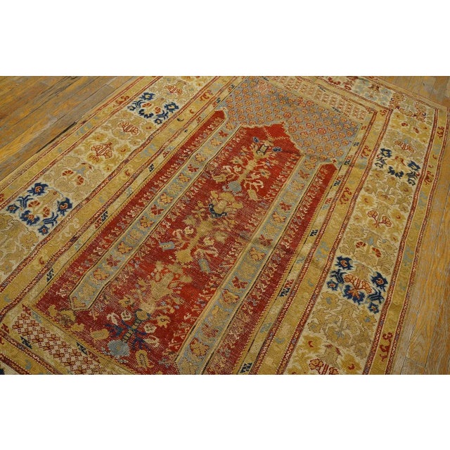 Textile 1750s Red Muslim Prayer Geometric AntiqueTurkish Kula Rug 4' 0" X 6' 4" Knotted Wool Carpet For Sale - Image 7 of 12