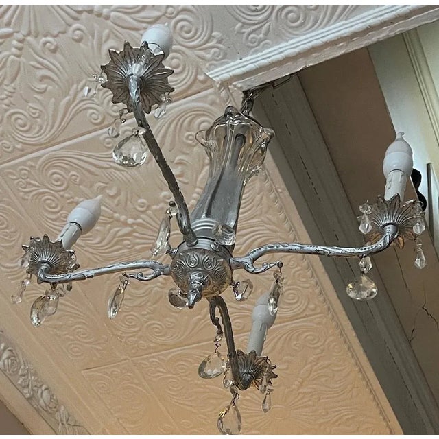 Mid-Century Chrome Tone 4 Light Tone Chandelier With Crystals For Sale - Image 9 of 17