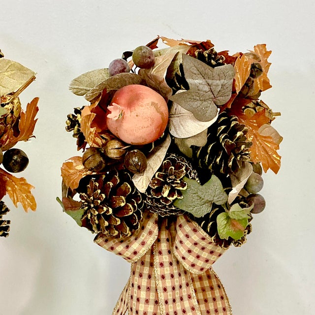 Peach 1980s Vintage Rustic Arts & Crafts Boho Chic Fall Mantel Centerpiece Topiaries - A Pair, Thanksgiving. For Sale - Image 8 of 16
