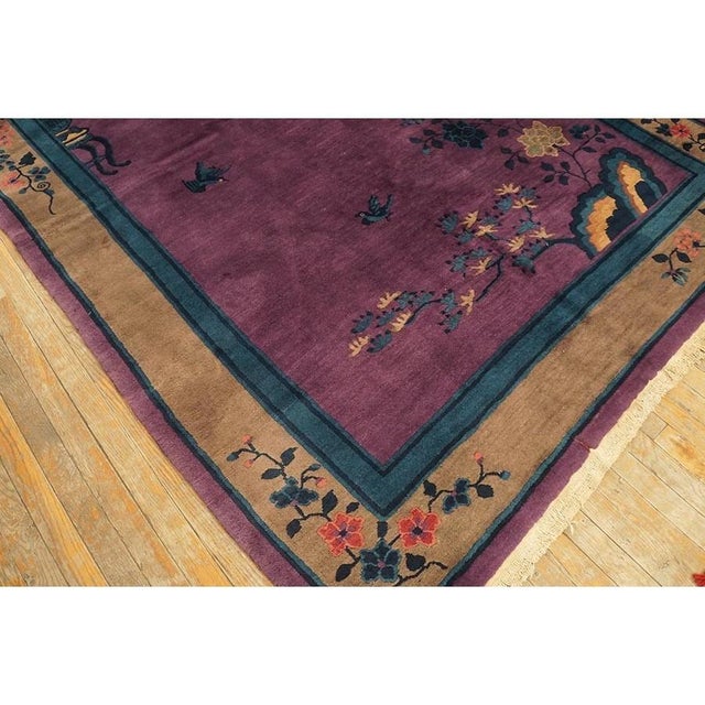 Art Deco 1920s Purple Floral Antique Chinese Art Deco Carpet 6'2"x8'9" Knotted Wool Rug For Sale - Image 3 of 10