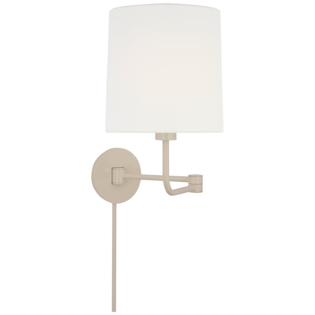 Barbara Barry for Visual Comfort Signature Go Lightly Swing Arm Wall Light in China White with Linen Shade For Sale