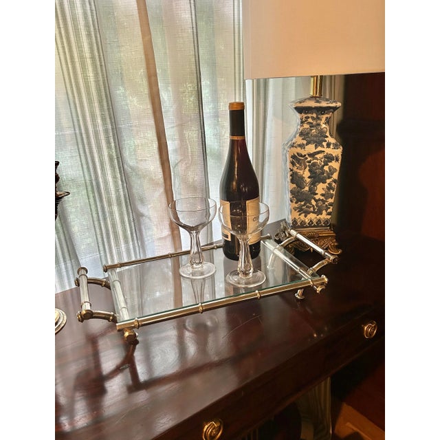 Hollywood Regency 1960’s Hollywood Regency Faux Bamboo Silver Plate Tray With Glass Top For Sale - Image 3 of 9