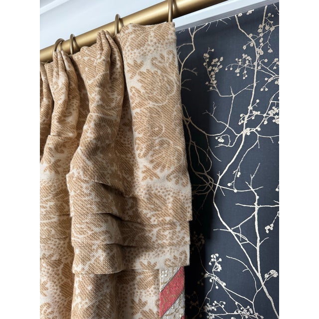 French Custom Made Designer Drapery Panel, Botanical Floral Interlined Pinch Pleat – Gold & Coral, Extra Wide 88 X 104 For Sale - Image 3 of 9