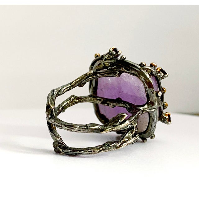 Vintage-Inspired Amethyst & Rhodolite Garnet Statement Ring | Sterling Silver Blackened & Gold Vermeil | Organic Branch Design | Size 6.75 For Sale In New York - Image 6 of 11