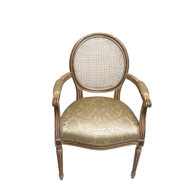Pair of Louis XVI French Chairs With Partial Gilt Details and Custom Upholstery Gold Distressed Embossed Stamp Fabric For Sale In New York - Image 6 of 10