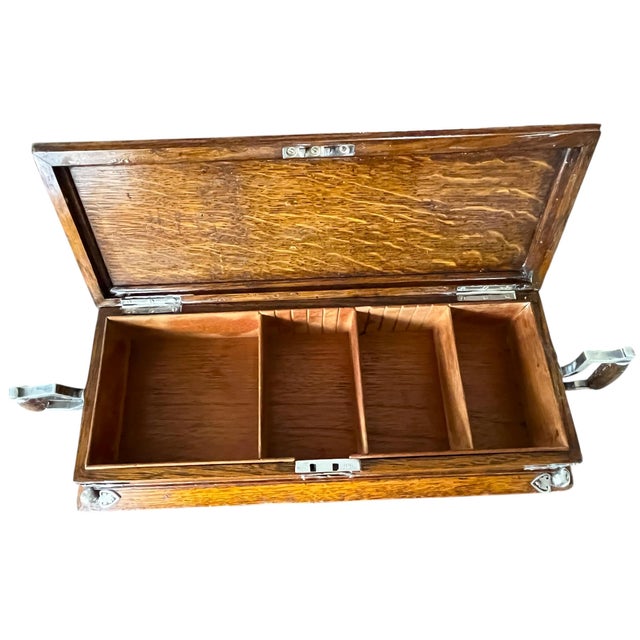 Bunny Williams Home Early 20th C. English Oak & Silver-Plated Desk Box – Handmade, Tea Presentation / Divided Cutlery / Stationery Chest For Sale - Image 4 of 16