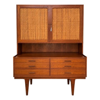 Mid-Century Danish Modern Teak Hutch With Woven Cane Doors For Sale