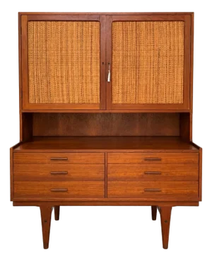 Mid-Century Danish Modern Teak Hutch With Woven Cane Doors