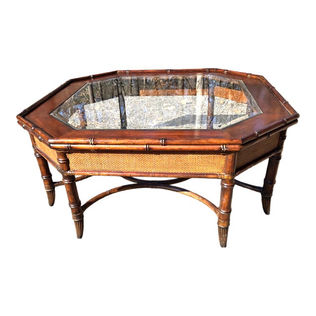 Late 20th Century Wooden Hexagonal Tommy Bahama Style Coffee Table With Glass Top For Sale