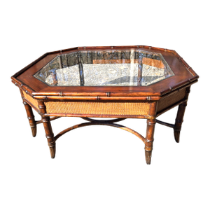 Late 20th Century Wooden Hexagonal Tommy Bahama Style Coffee Table With Glass Top