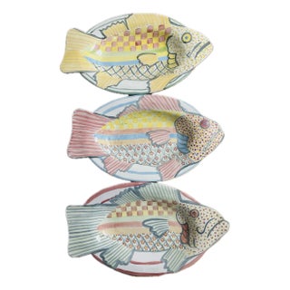 Mackenzie-Childs Hand Painted Terracotta Fish Platters or Wall Decor - Set of 3 For Sale