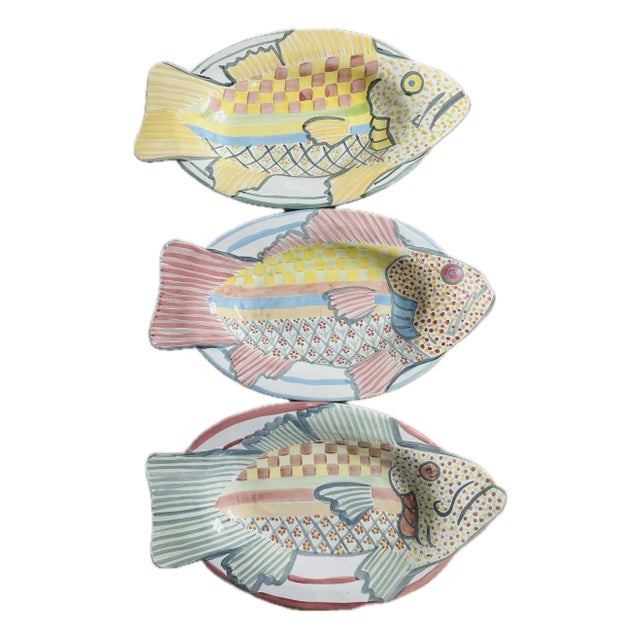 Mackenzie-Childs Hand Painted Terracotta Fish Platters or Wall Decor - Set of 3 For Sale